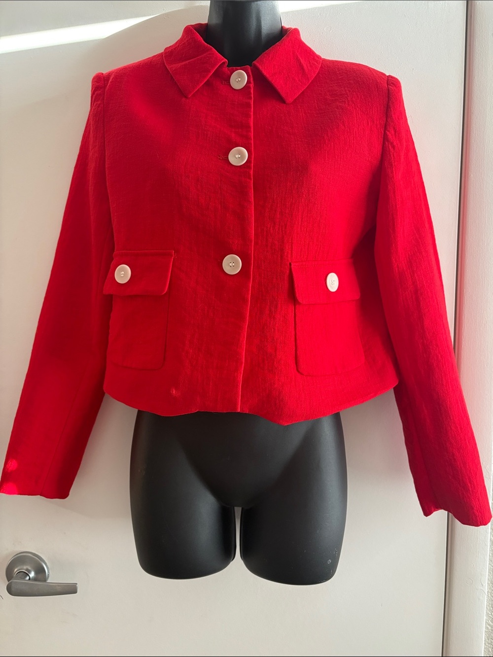 Zara Red Cropped Preppy Office Casual Button Blazer SZ M
